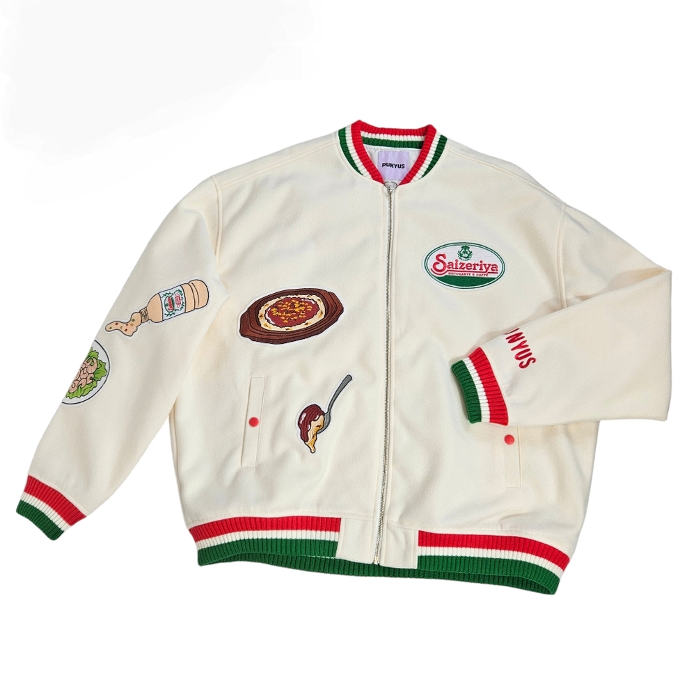 Cream Varsity Jacket with Red & Green Trim